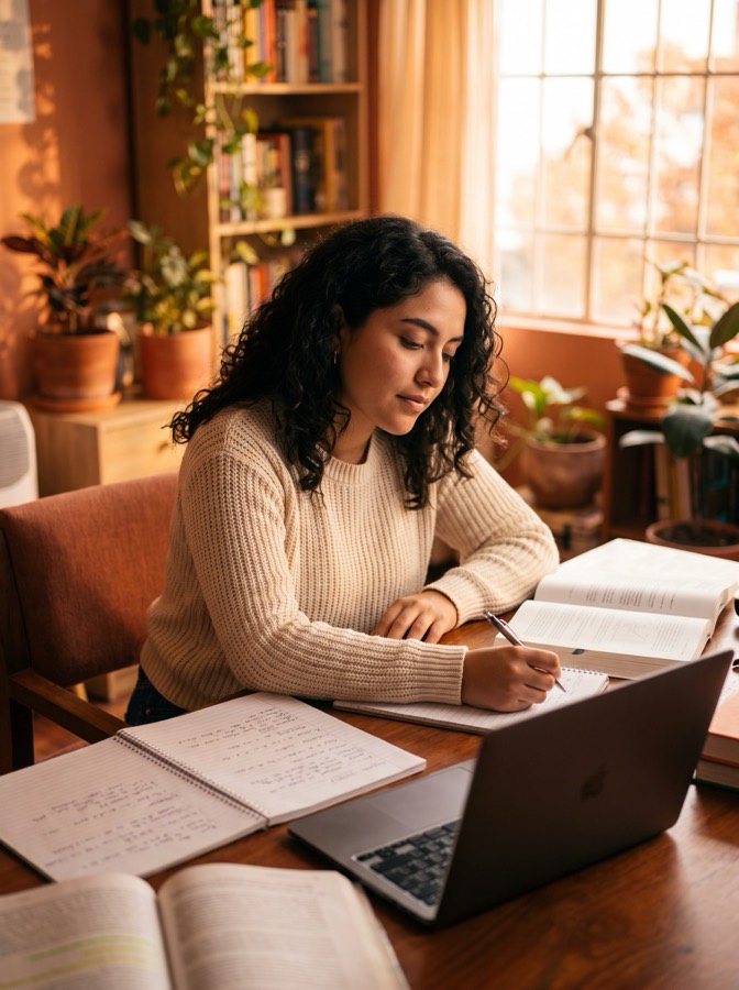 Estudiante mexicana practicando para su examen de admisión a la universidad